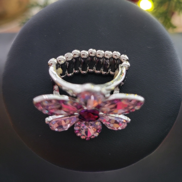 Paparazzi Pink and Silver Floral Stretch Ring - Picture 2 of 3